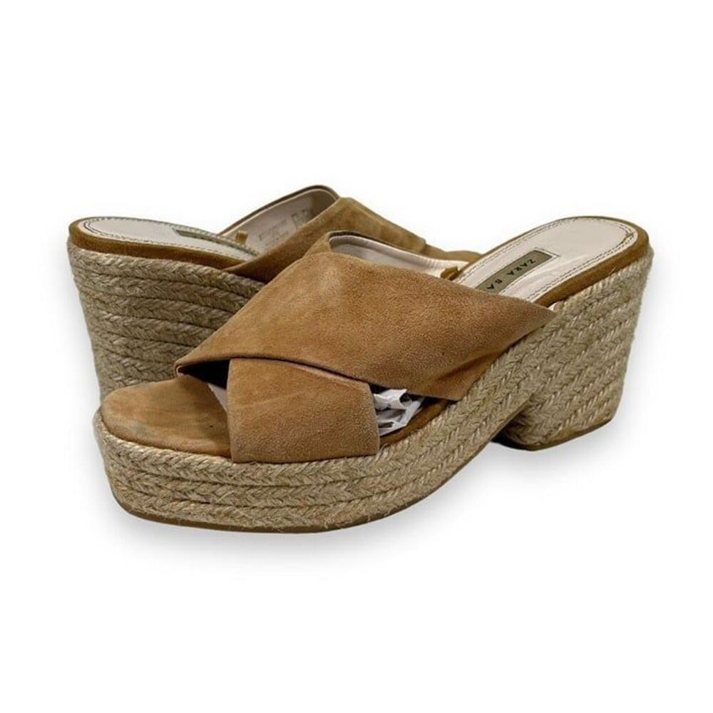 Zara Basic Suede Block Heel Open Toe Espadrille Sandals‎ Womens 40 (US 10) Tan